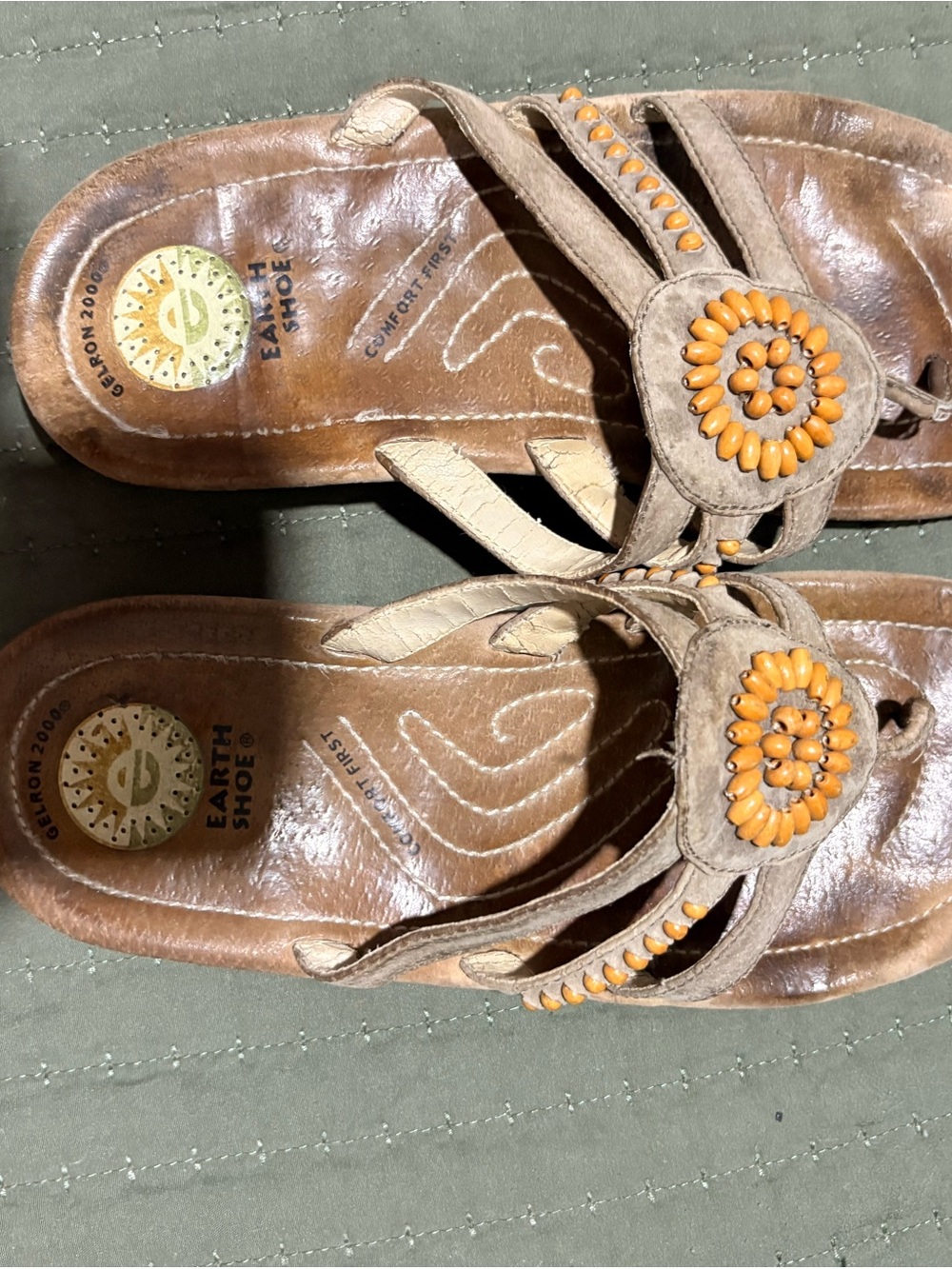 Earth Shoes Women's Tan Beaded Leather Sandals with Orange Accent